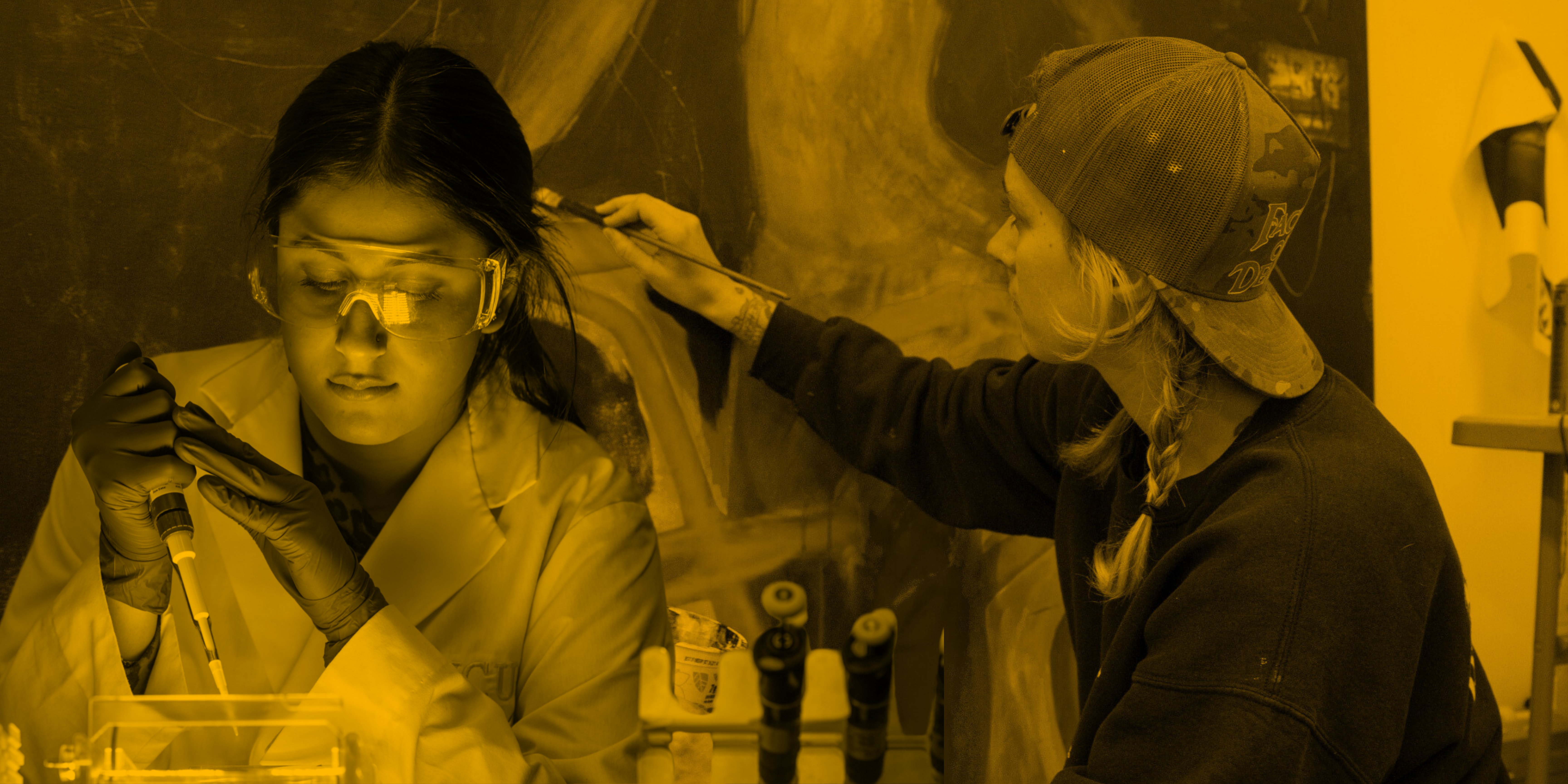 A person in a lab near a microscope and an artist painting a wall collaged together