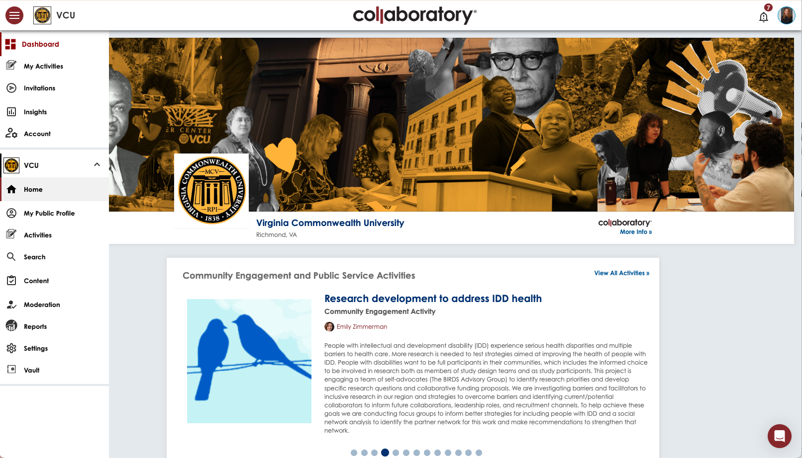 A Collaboratory dashboard showing VCU’s banner at the top and a featured community engagement activity