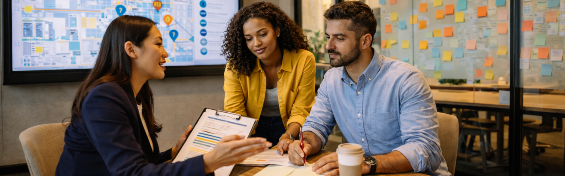 Three professionals sit around a wooden table in a modern conference room, discussing documents and taking notes.