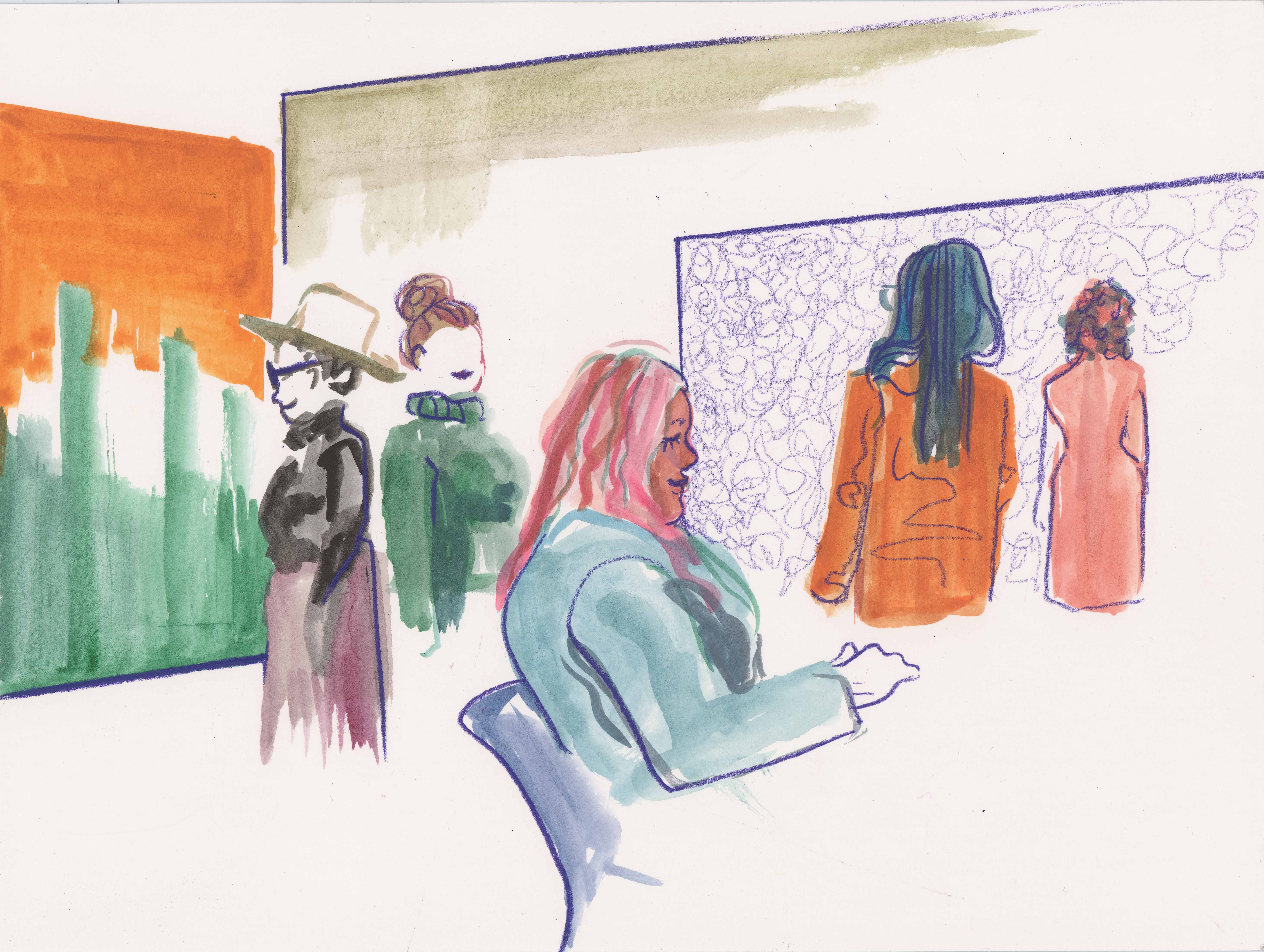 A colorful, loose watercolor-style illustration of people seated in a conference room, facing forward and listening to a speaker.