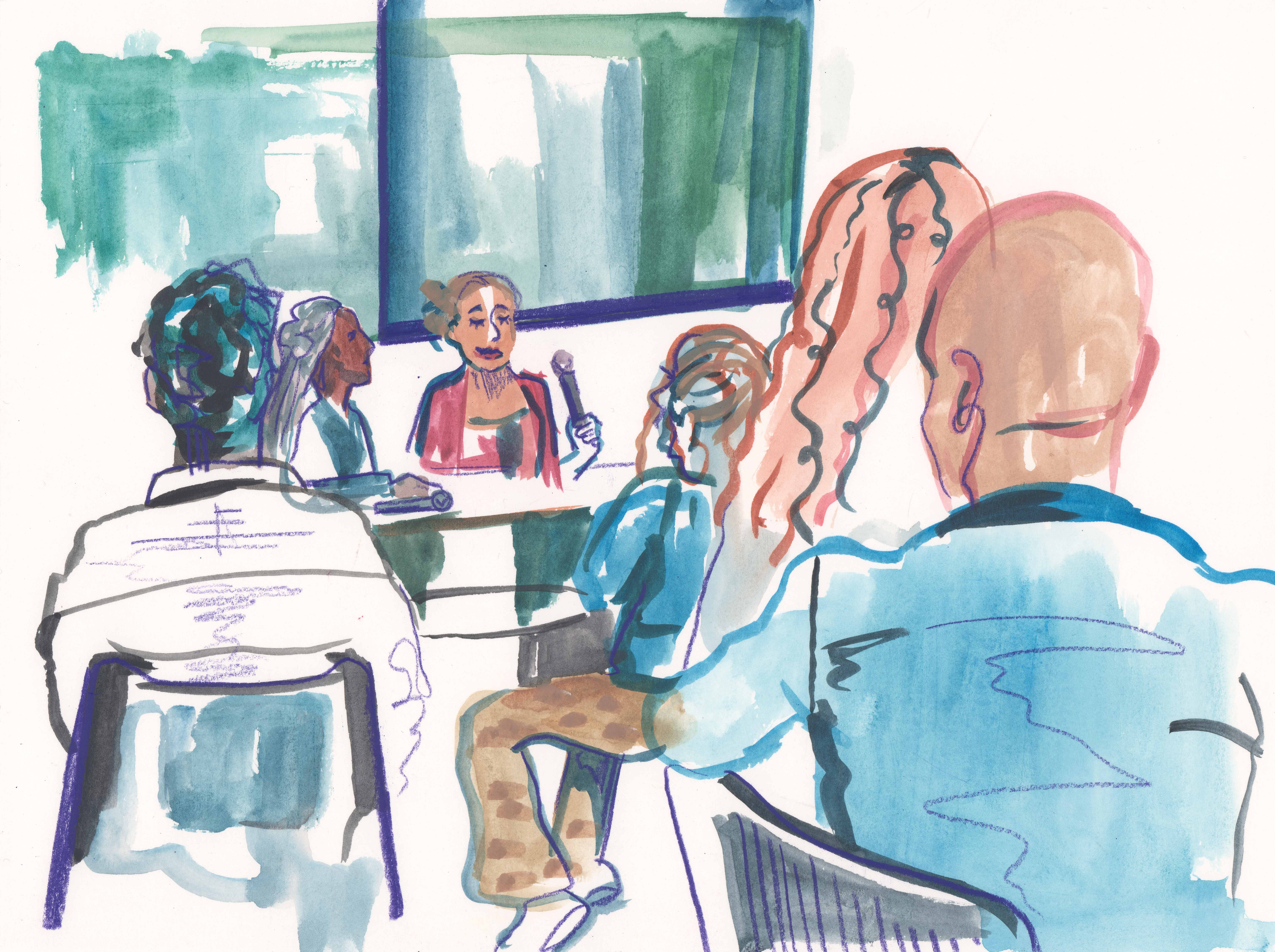 A colorful, loose watercolor-style illustration of people seated in a conference room, facing forward and listening to a speaker.