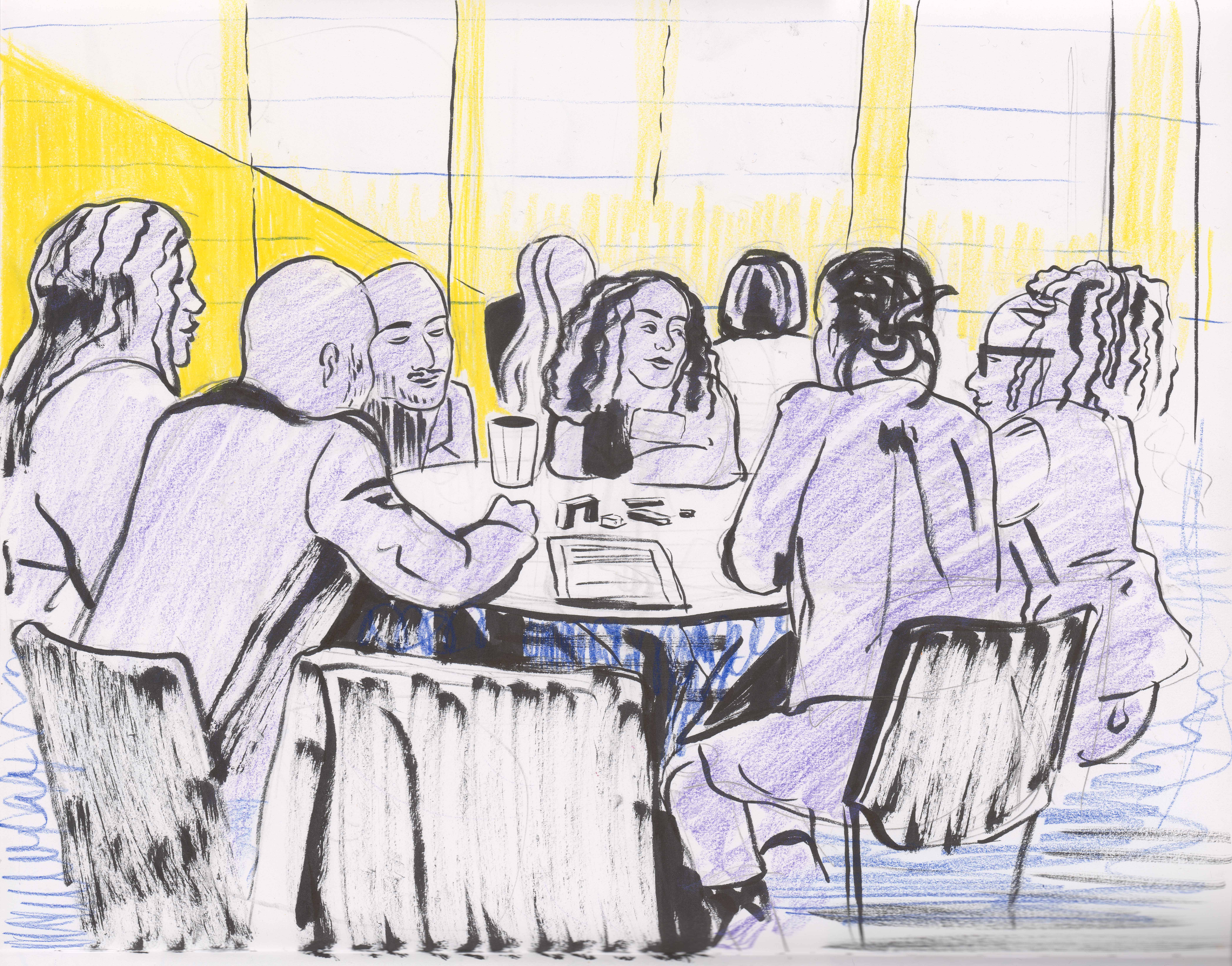 A colorful, loose watercolor-style illustration of people seated in a conference room, facing forward and listening to a speaker.