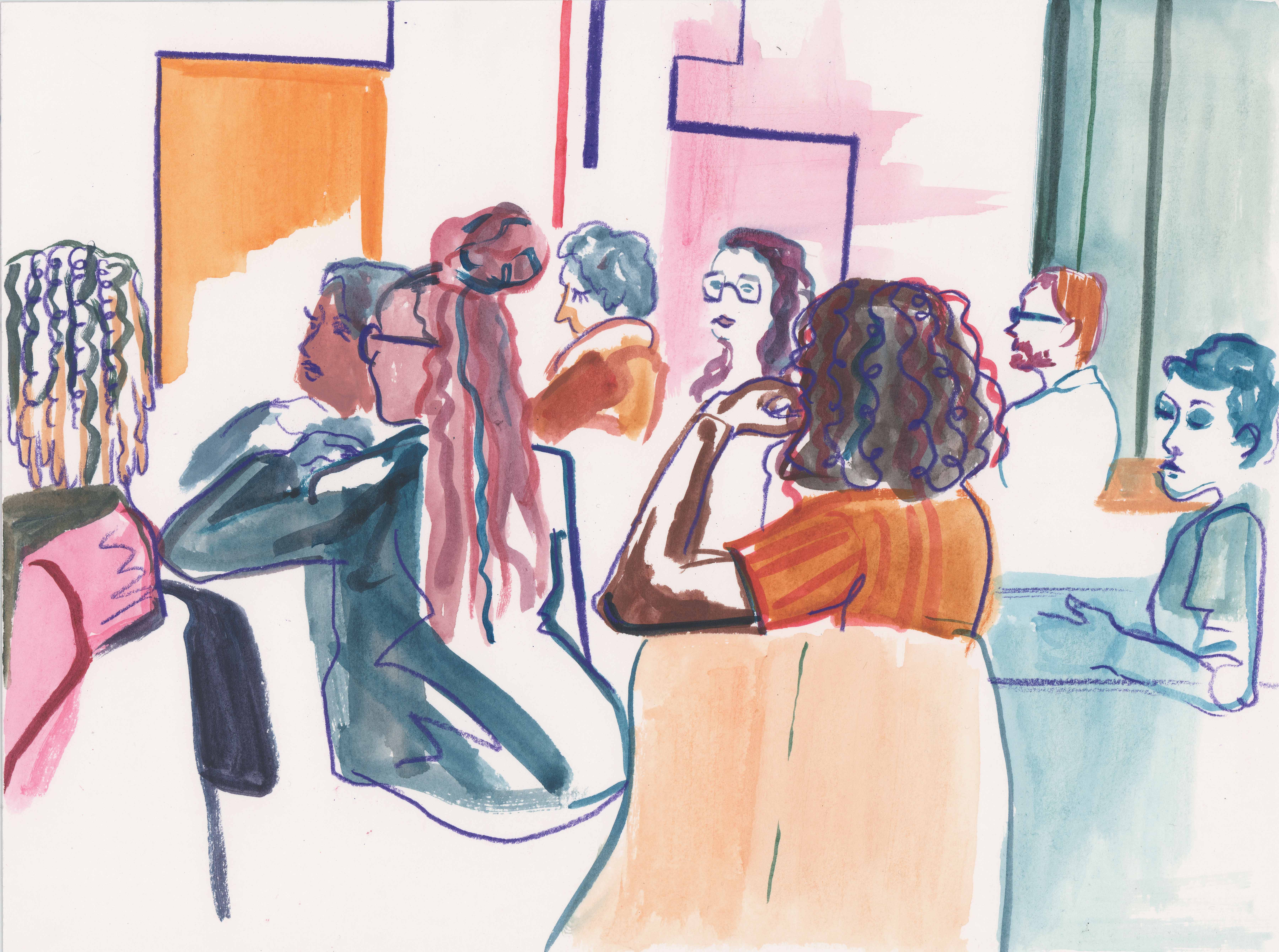 A colorful, loose watercolor-style illustration of people seated in a conference room, facing forward and listening to a speaker